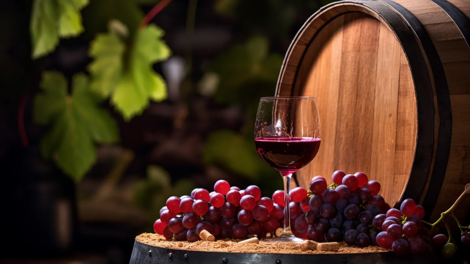 glass-wine-grapes-wooden-barrels-fresh